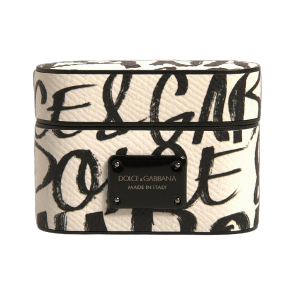 Black White Leather Scribble Embossed Logo Airpods Case