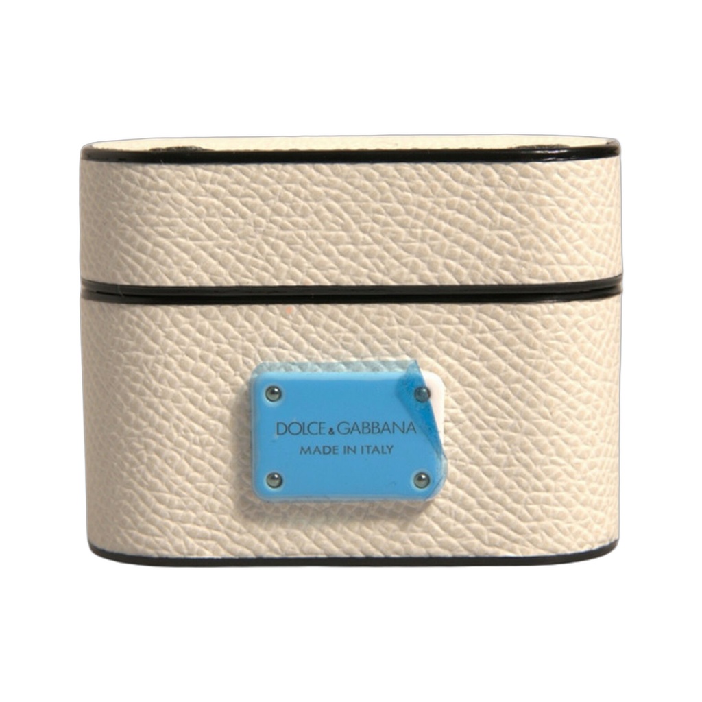 White Leather Metal Logo Plaque Holder Airpods Case