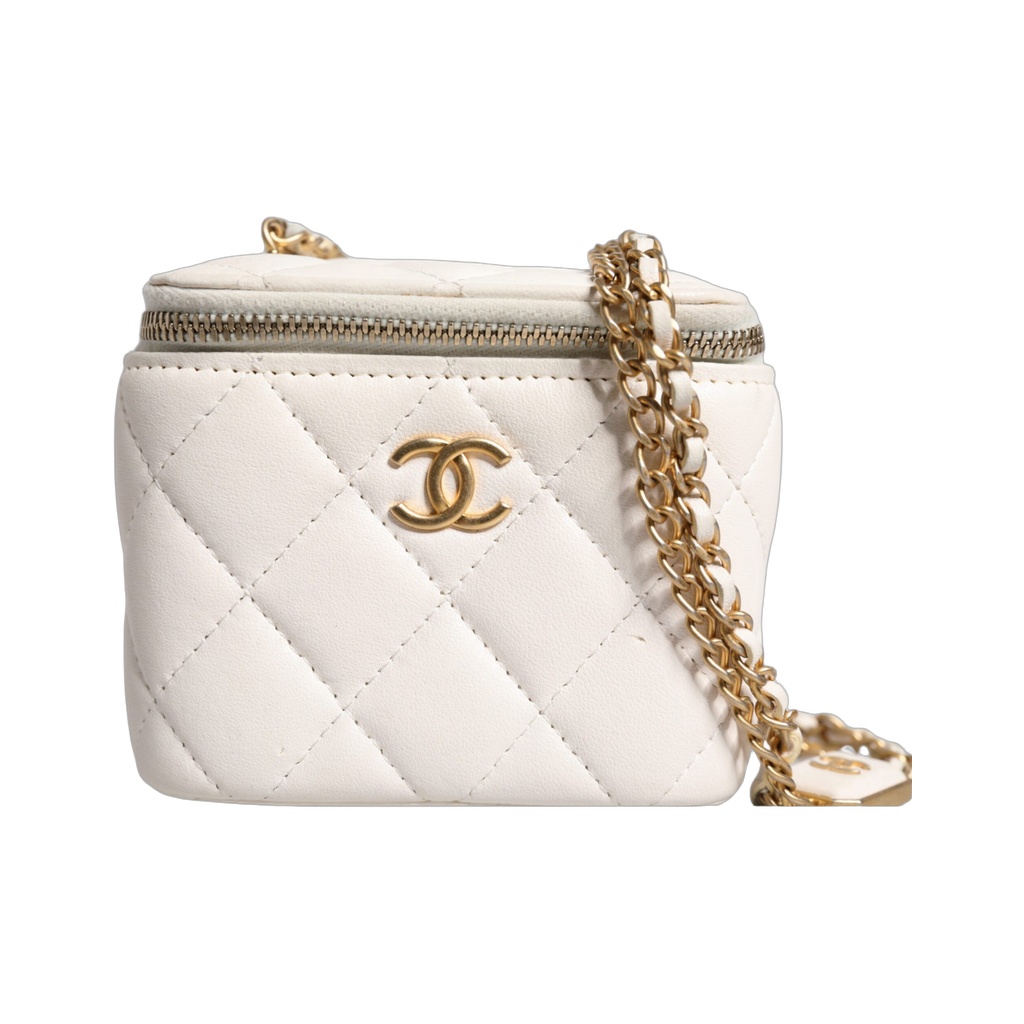 White Matelasse Lambskin Gold Chain Shoulder Vanity Mirror