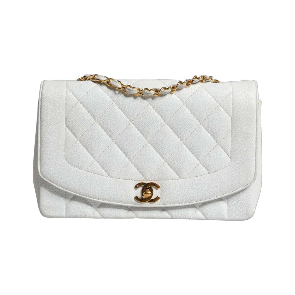 White Medium Classic DIANA Shoulder Bag Gold Plated Purse