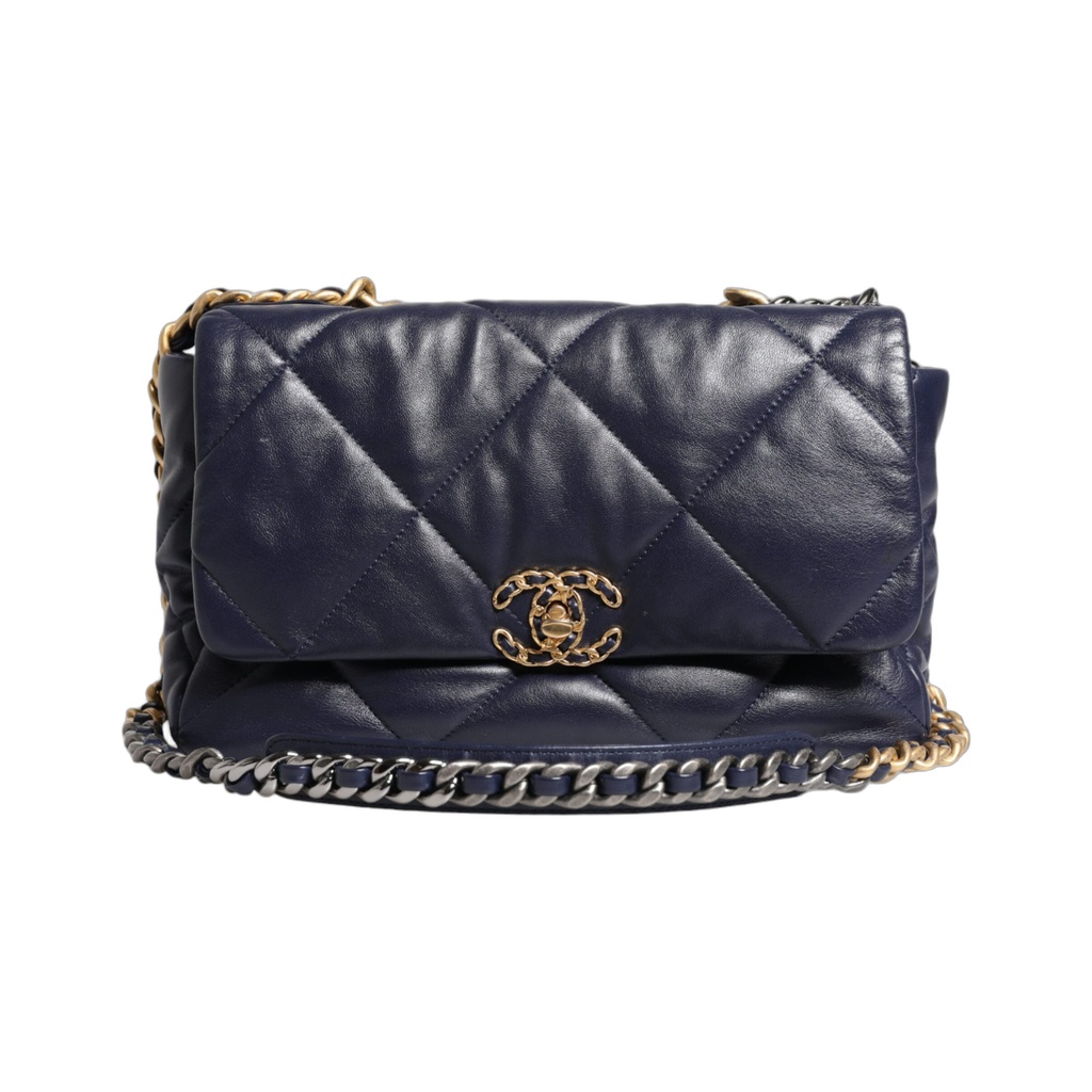 Blue Leather Large Quilted Chain Hand Shoulder Bag