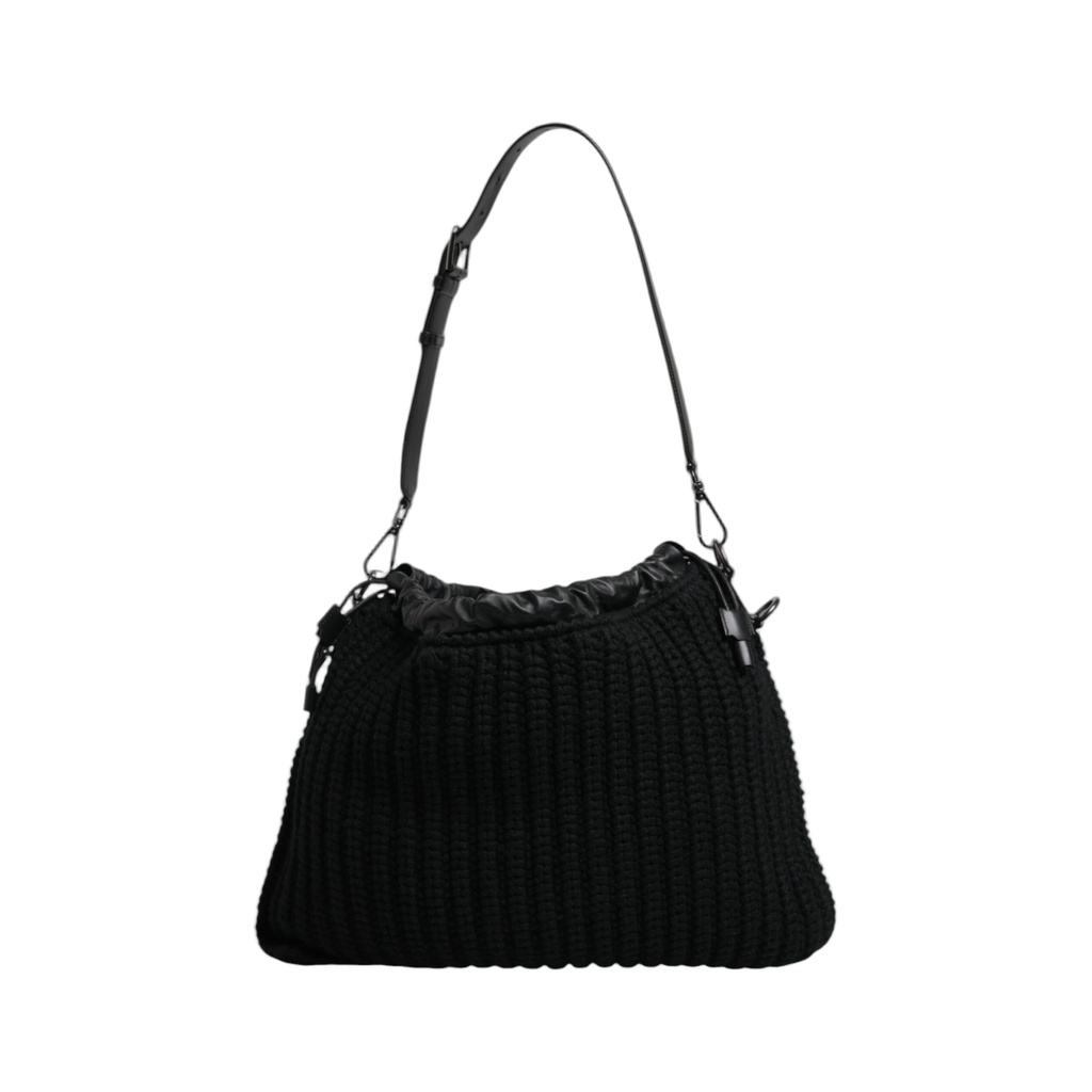 Black Cashmere Knitted Leather Shoulder Bag