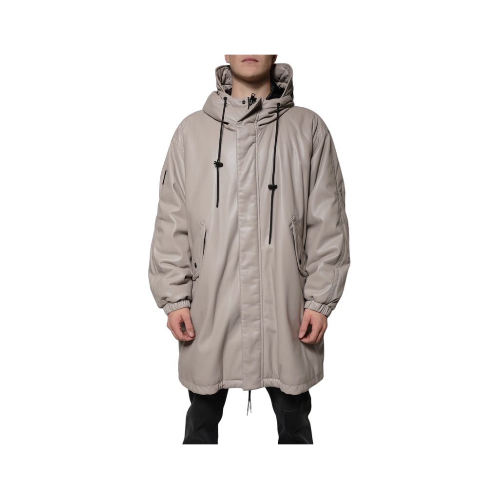 Beige Full Zip Hooded Long Sleeves Casual Coat Jacket