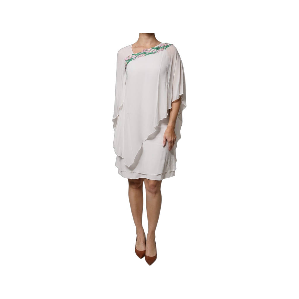 White Floral Embroidery Viscose Chiffon Shift Dress