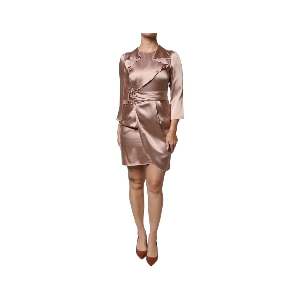 Pink Satin Long Sleeves Sheath Wrap Mini Dress