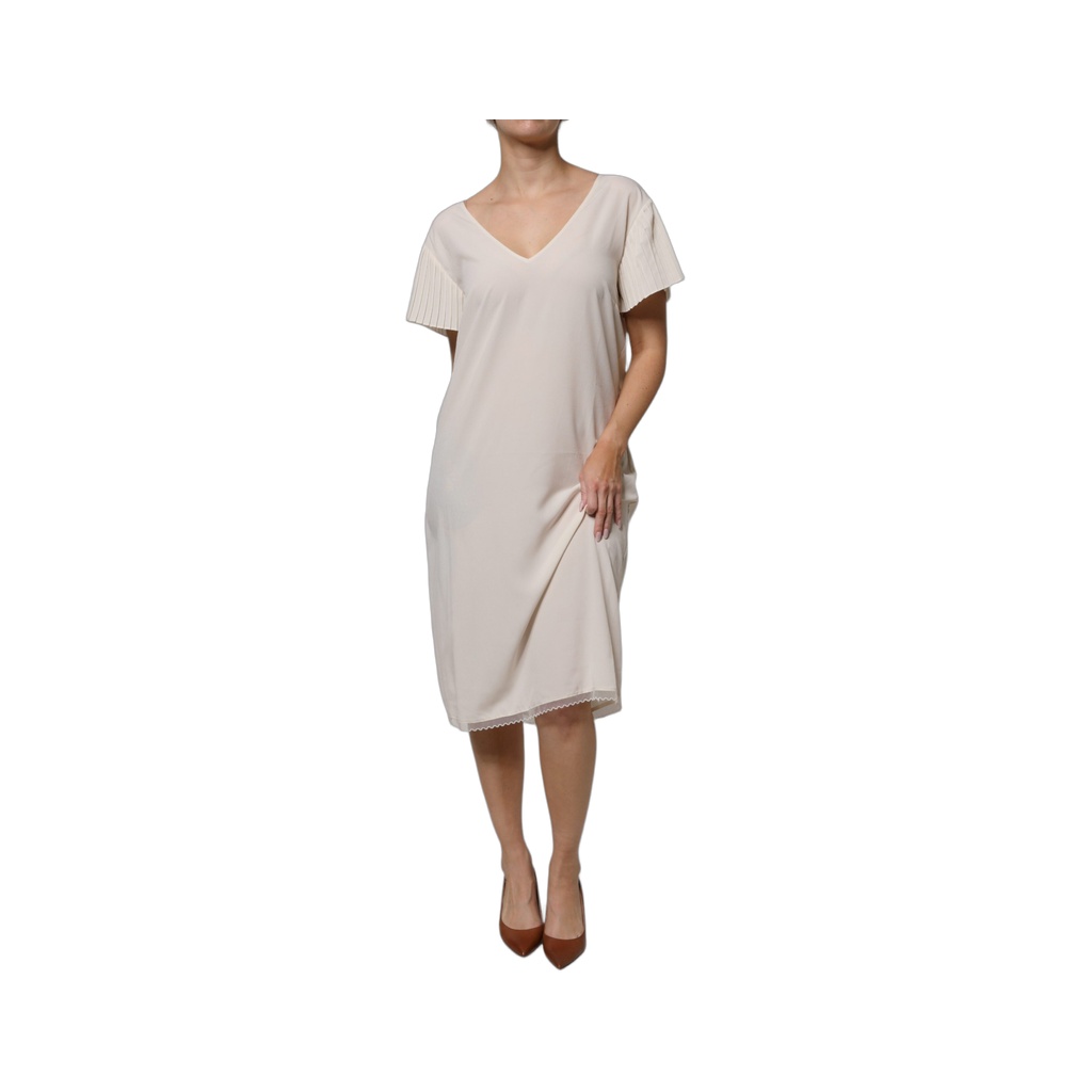 Off White Short Sleeves V-neck Shift Midi Dress