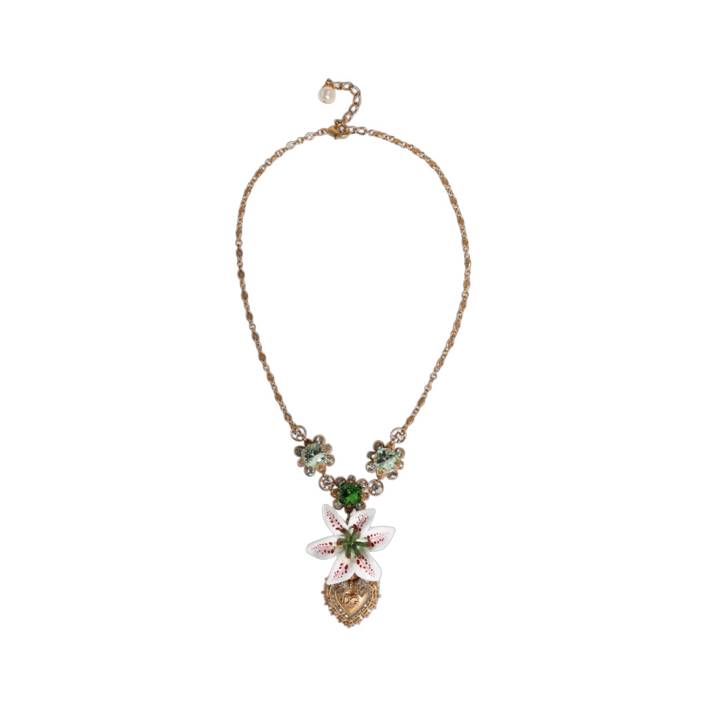 Gold Brass Lily Crystal Sacred Heart Pendant Necklace