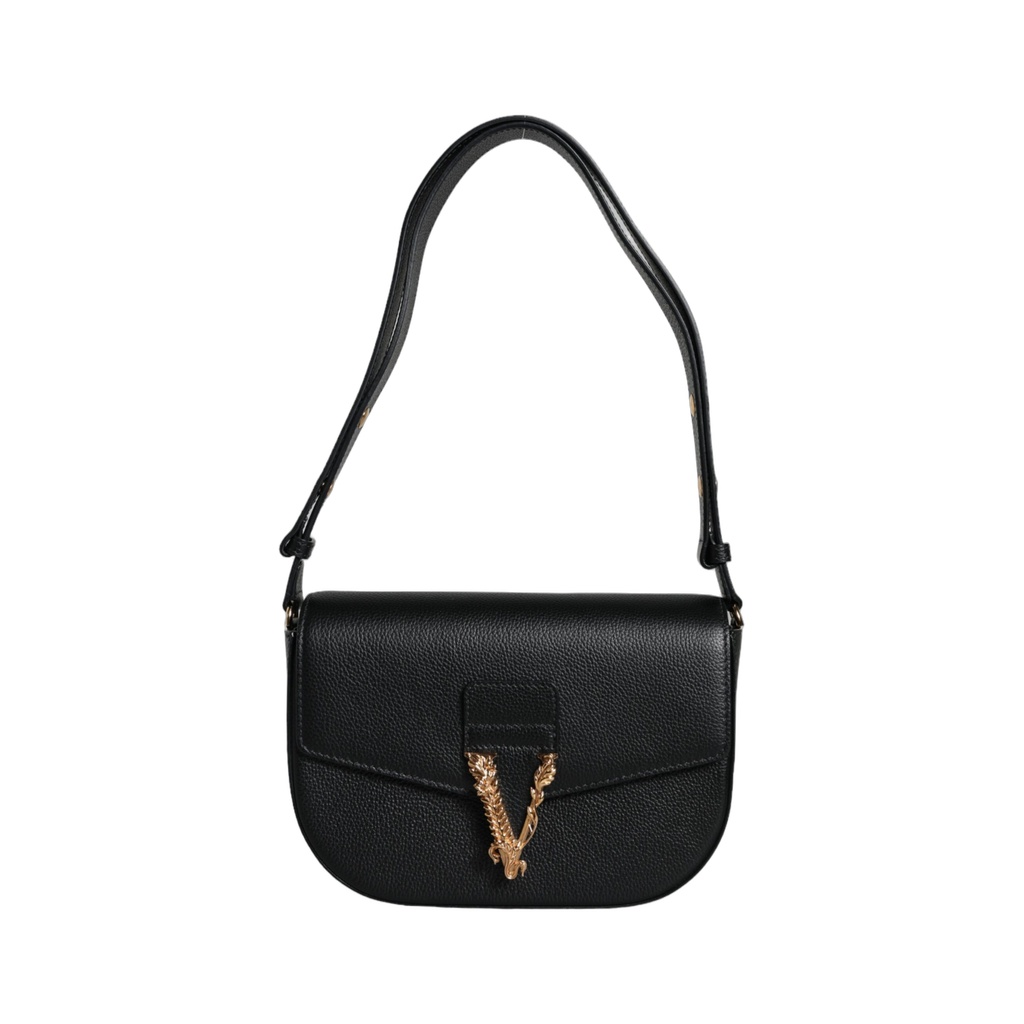 Black Grainy Calf Leather Logo Crossbody Shoulder Bag