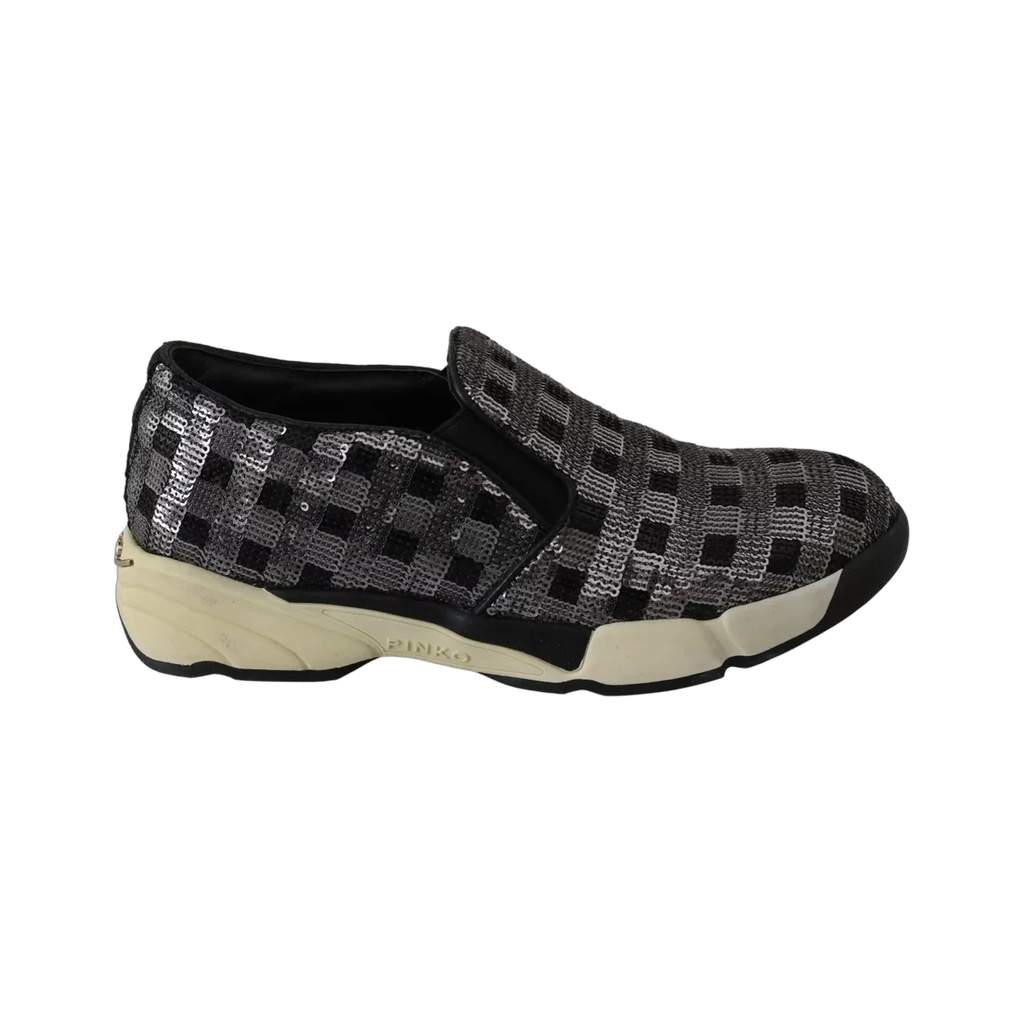 Silver Black Slip-on Sequence Design Sneakers Shoes