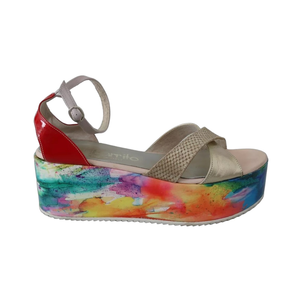 Multicolor Leather Ankle Strap Wedge Heel Sandals Shoes