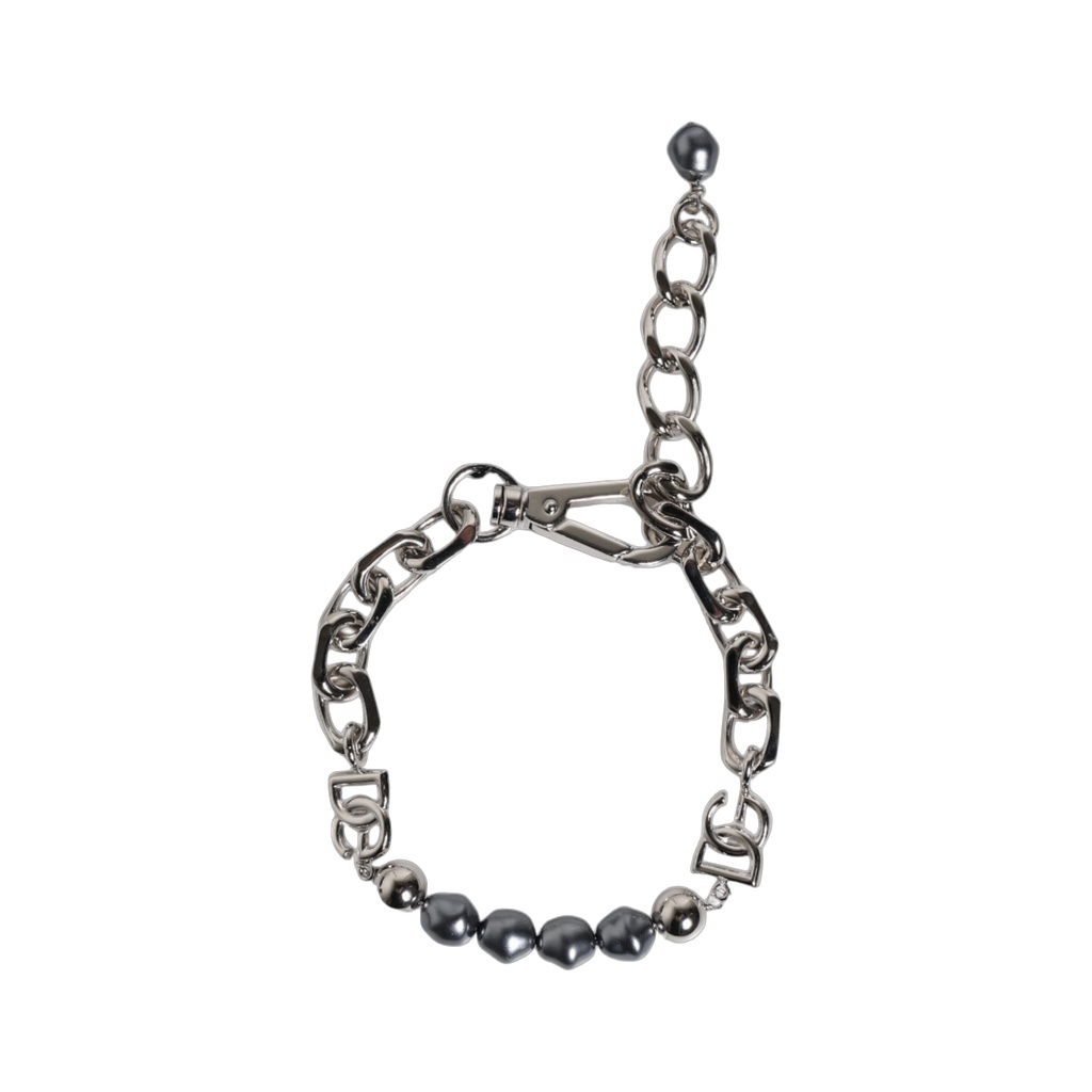 Silver Tone Chain Lobster Clasp Logo Gray Pearls Bracelet