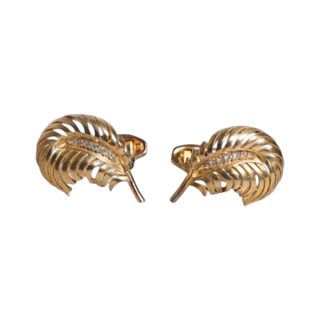 Gold 925 Sterling Silver Crystal Leaf Accessory Cufflink