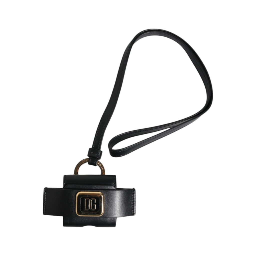 Black Leather Strap Gold Metal Logo Plaque Airpods Case