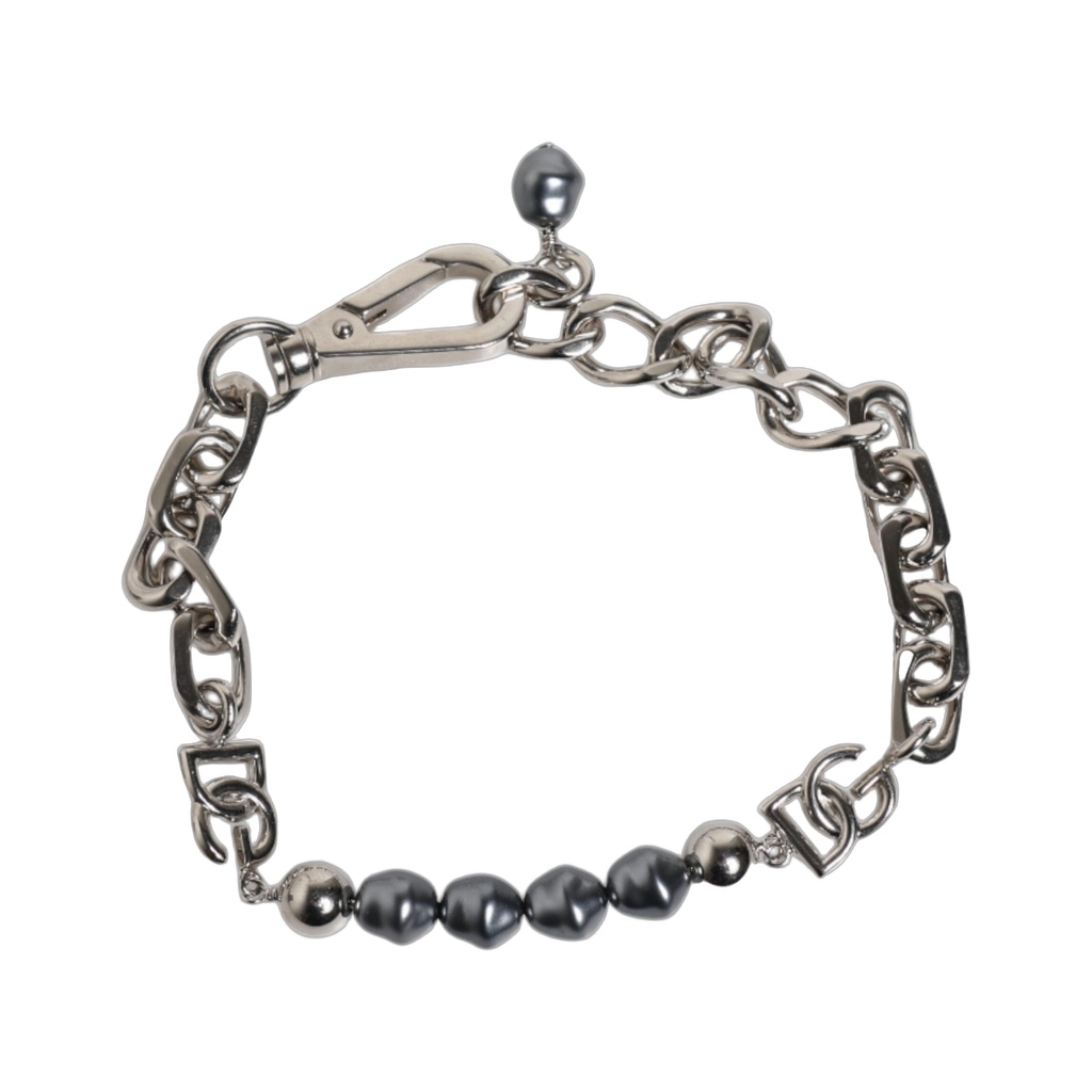 Silver Tone Chain Lobster Clasp Logo Gray Pearls Bracelet