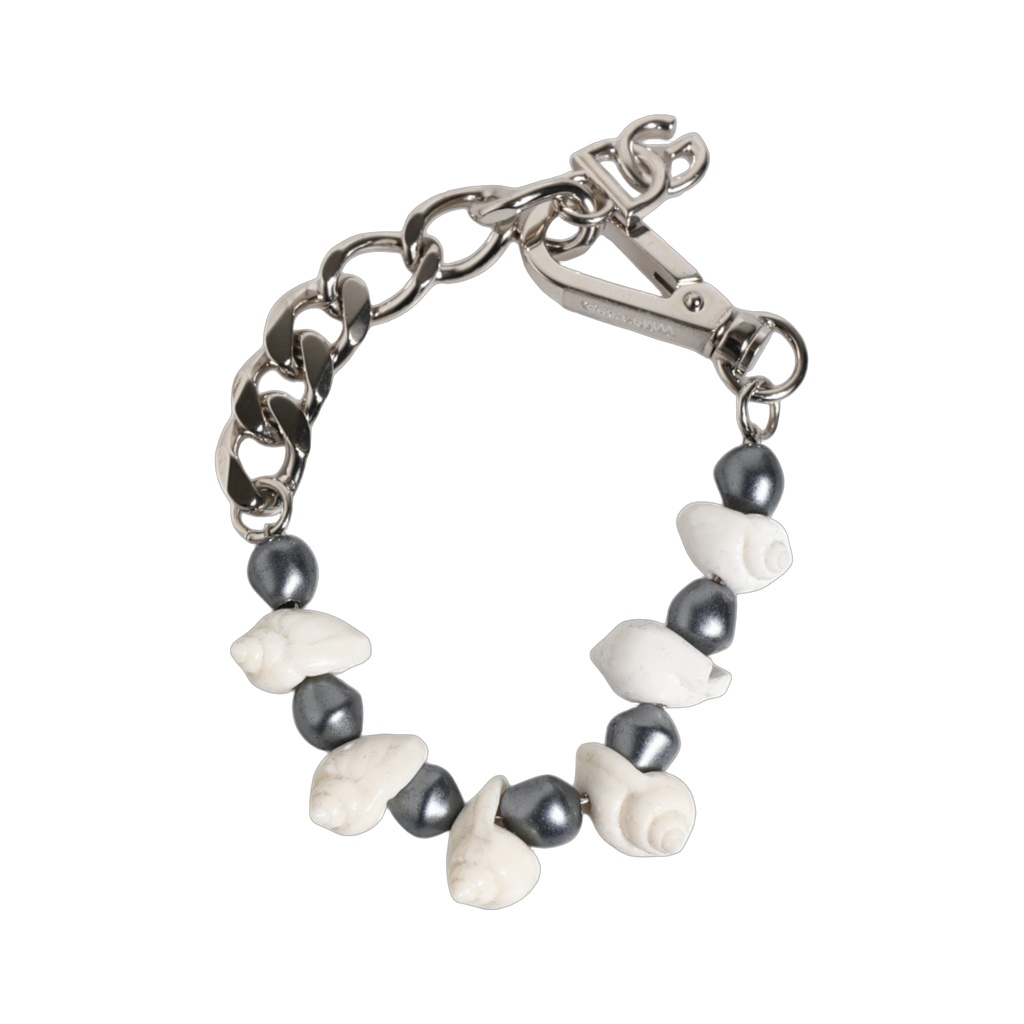 Silver Tone Brass Beaded Shell DG Logo Pendant Bracelet