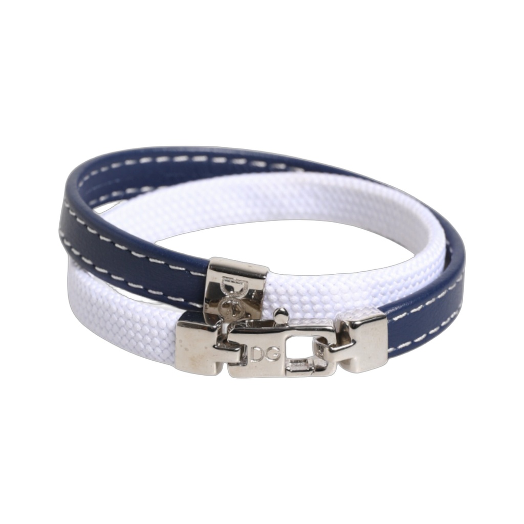 Blue White Leather Trimmed DG Engraved Silver Tone Clasp Bracelet