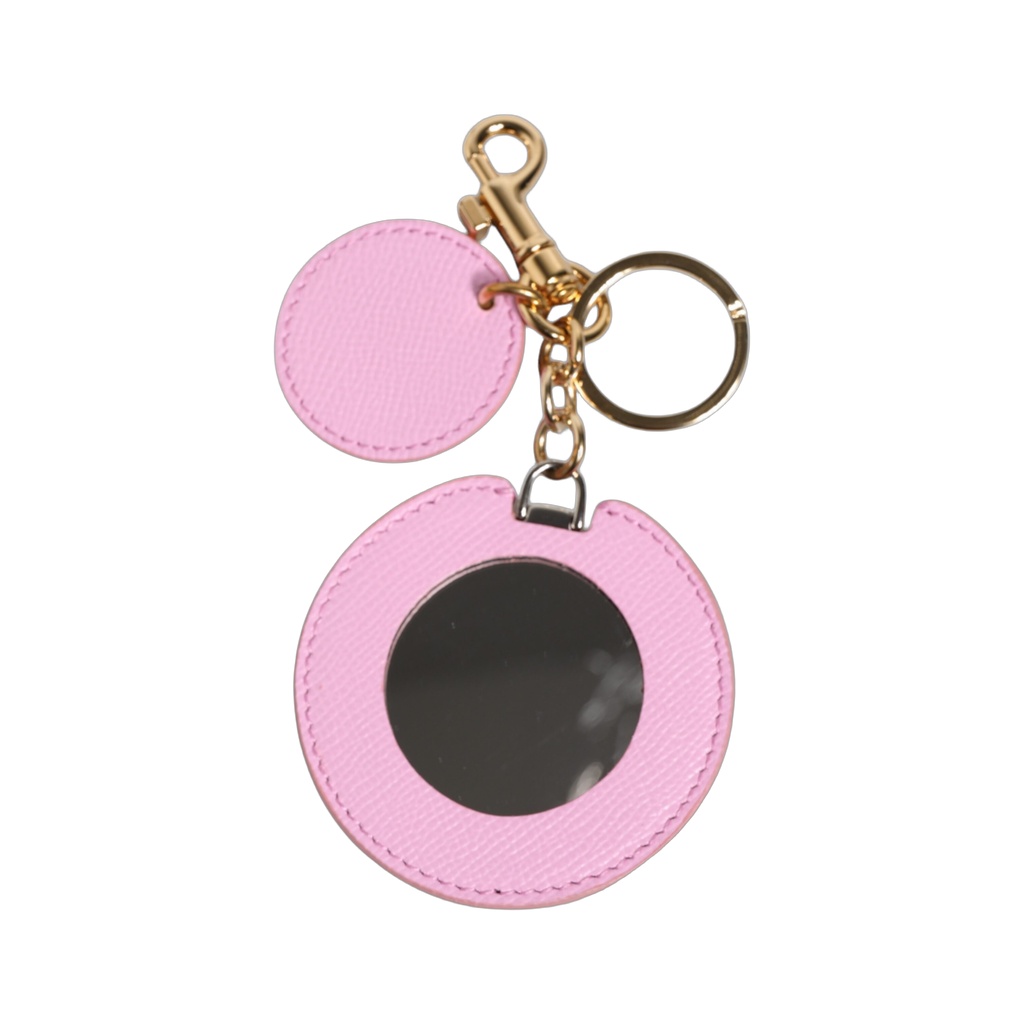 Pink Calf Leather Gold Metal Logo Print Keyring Keychain