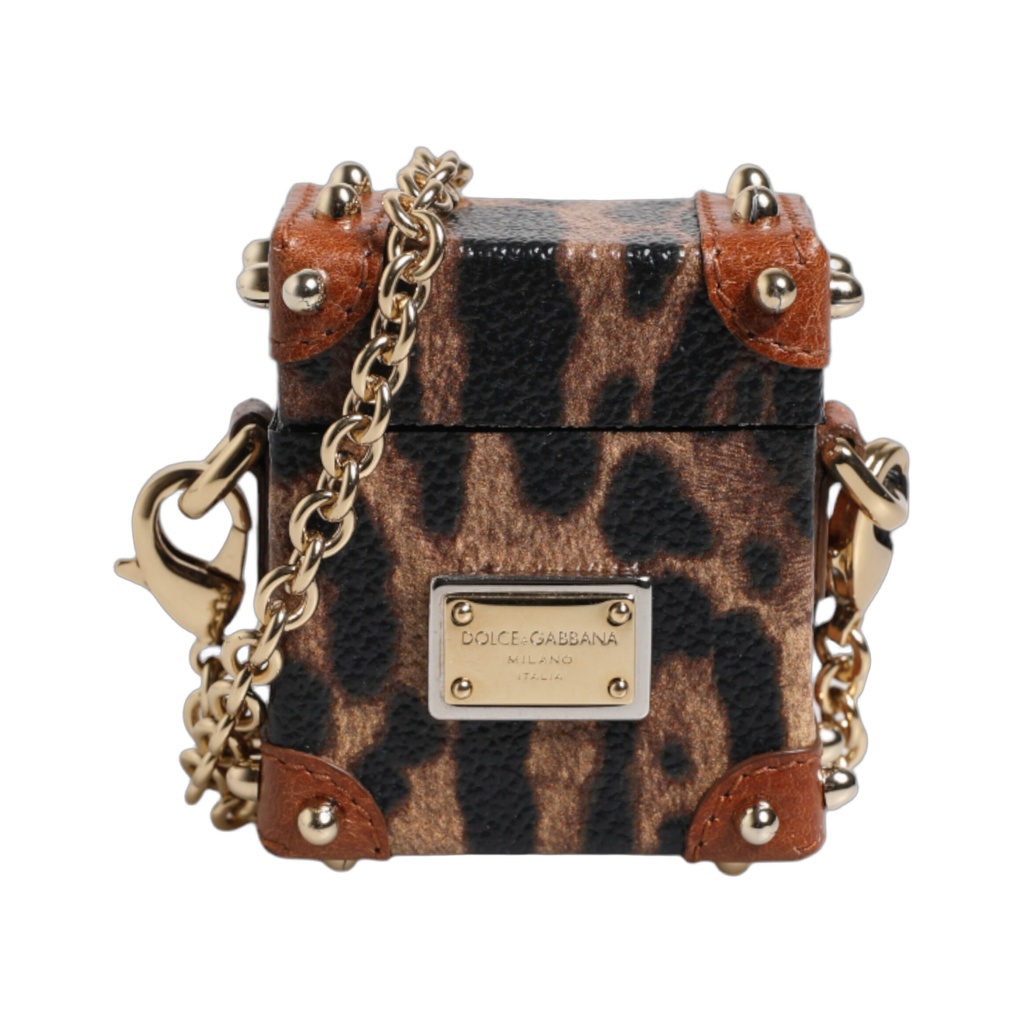 Brown Leopard Metal Logo Plaque Gold Chain Airpods Case