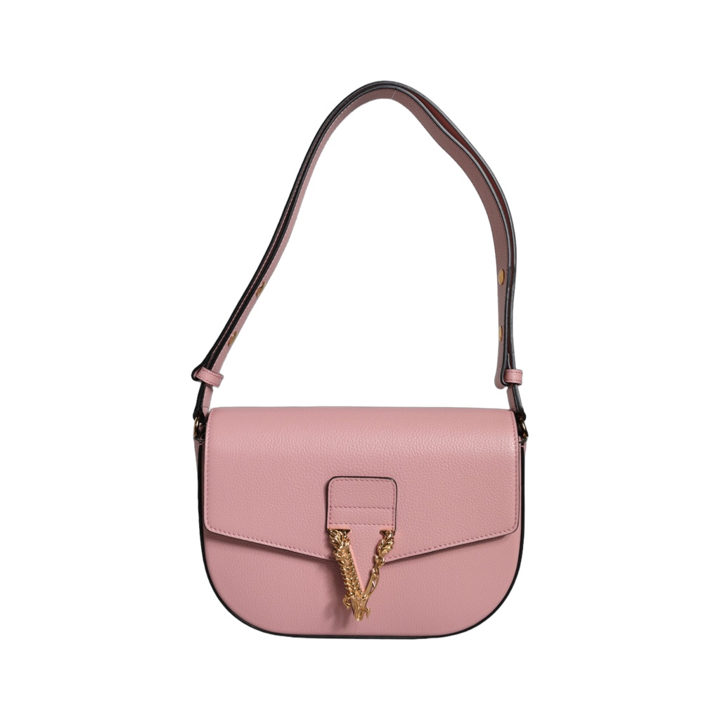 Pink Grainy Calf Leather Logo Crossbody Shoulder Bag
