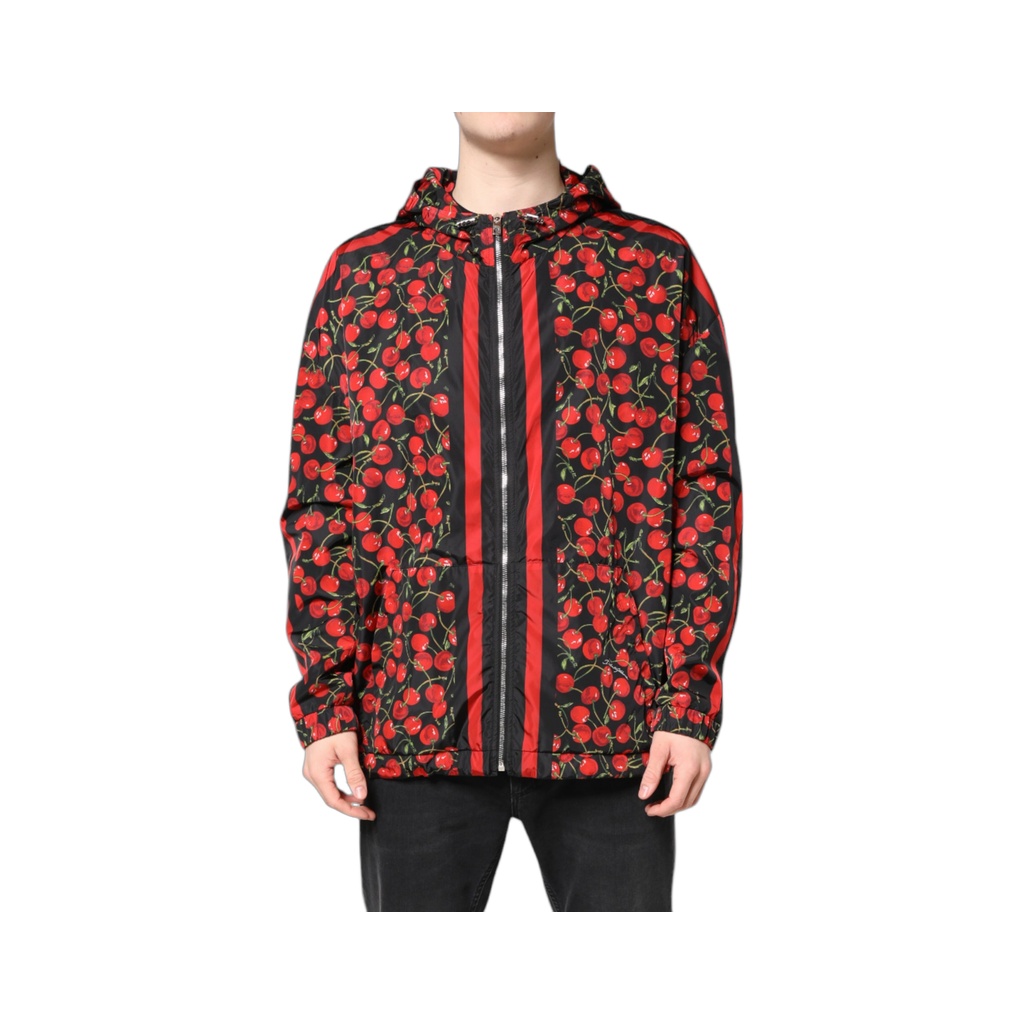 Black Cherry Print Hooded Windbreaker Jacket